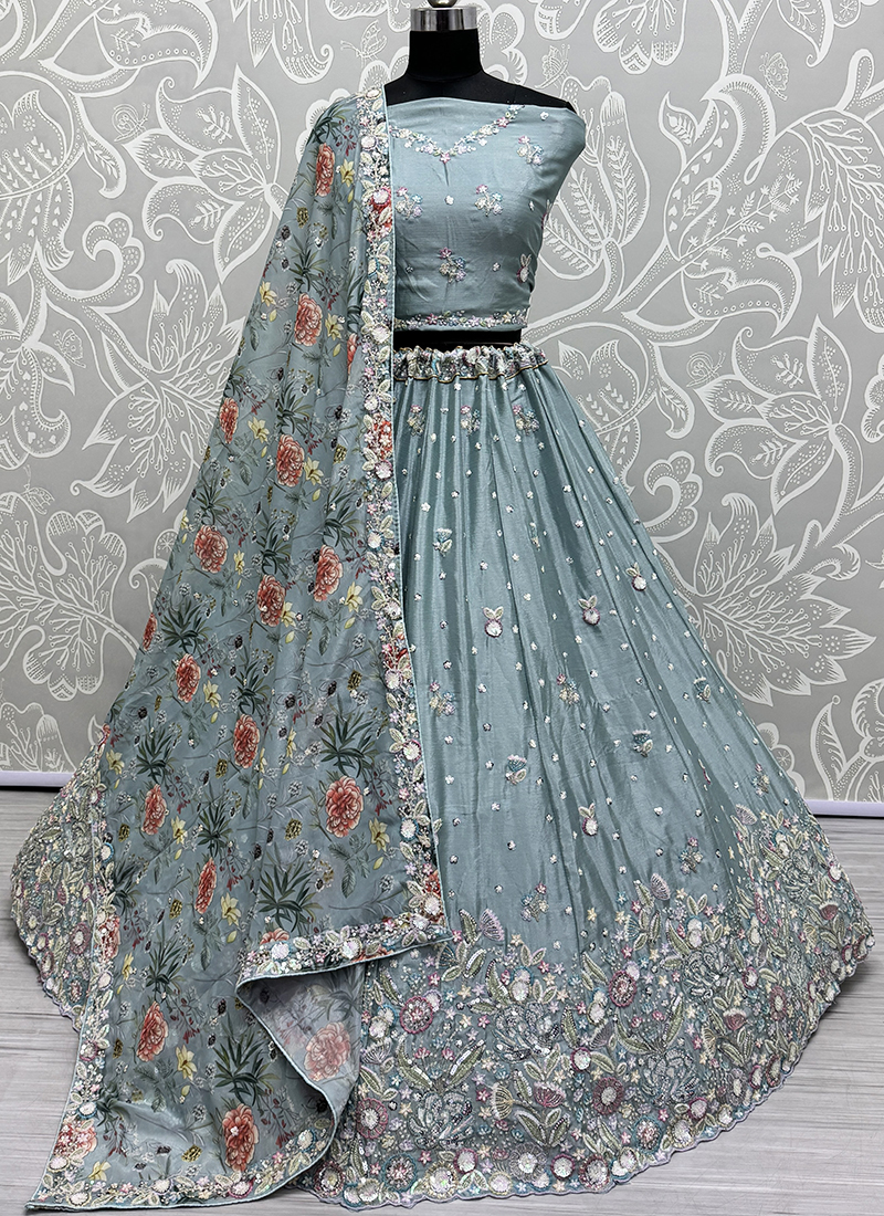 Sky Blue Designer Style Embroidered Wedding Lehenga Choli